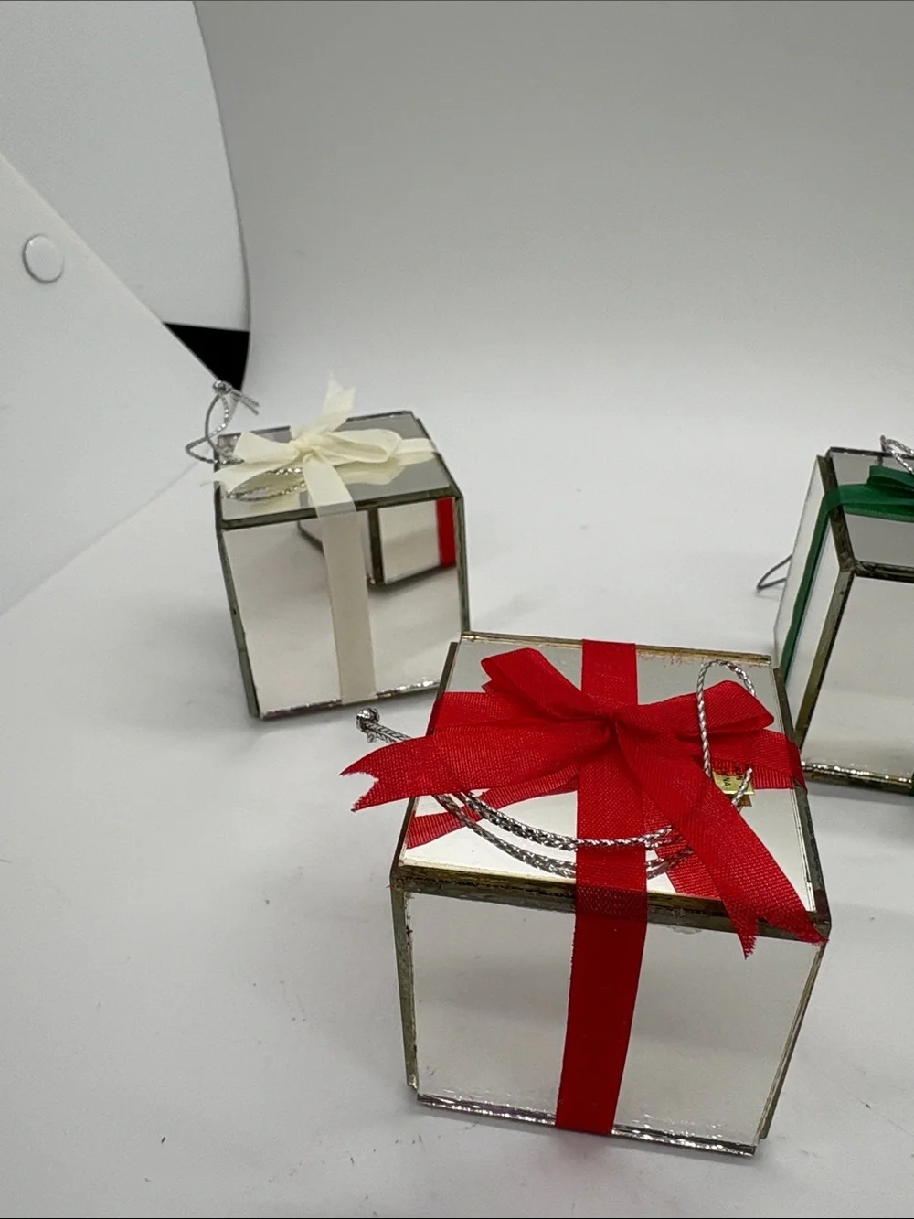 Mirrored Glass Gift Box Ornament with Red, Green, VTG